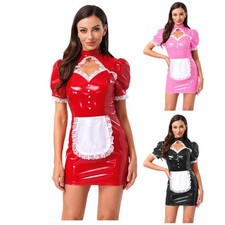 DE Damen Dienstmädchen Kostüm Halloween Kleid Lackleder Maid Outfit Clubwear