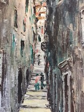 Ölgemälde "Mittelalterliche Straßenszene mit Personen im Rahmen  Signiert ￼￼