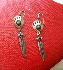 Lange Indianer Schmuck Ohrringe 925 Sterlingsilber Türkis Feder Bärentatze