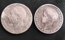Lot 1 Peseta Alfonso XII 1885+ 1 Peseta Alfonso XIII 1900. Silber. Original.
