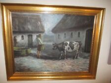 Tolles älteres Gemälde Mädchen mit Kuh 84 x 114 cm