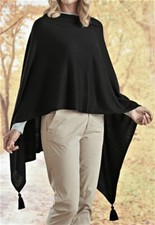 SCHWARZER PONCHO ÜBERWURF LAGENLOOK QUASTEN IDEALER URLAUBSBEGLEITER BW/VISK. EG