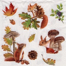 3 Servietten ~ Herbst, Tiere, Eichhörnchen, Eichenblätter, Eicheln, Pilze ~33x33