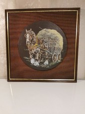 Vintage Schiefer, Auenland Pferd zieht Heuwagen, Bild gerahmt Holz Wandrelief 9"