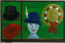 Sehr interessantes, modernes Bild: Hutladen und Hüte, 40er? Öl, Feder