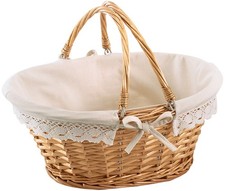 Weidenkorb Weidengeflecht oval mit Klapphenkeln inklusive Textil mit Häkelborte