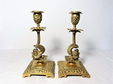 Paar alte Kerzenhalter, Kerzenleuchter, Fische, Bronze feuervergoldet