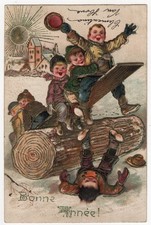 AK  Neujahr, Prägekarte, Kinder haben Spaß auf Wippe, Junge fällt herunter