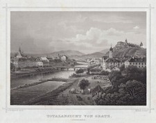 Graz Gesamtansicht Original Stahlstich Kolb 1872