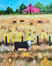 Kühe farmhaus ölbild 20x25 - Ölbild,