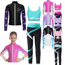 DE Kinder Mädchen Glitzer Strass Eiskunstlauf Gym Kontrastfarbe Jacke Hosen Set