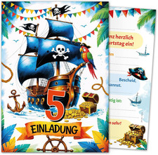 12 Einladungskarten 5. Kindergeburtstag Pirat Schiff bunt
