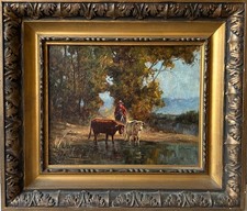 Ölbild Landschaft mit Kühen im Licht und Reiter mit Pferd USA 43,2 x 50 cm