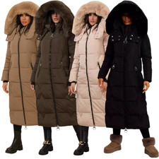 JESS Damen langer gefütterter Mantel mit Kunstfellkapuze & Reißverschlusstaschen Größen S-2XL 8-16