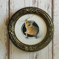 Framed Mouse Original Oil Painting: Vintage Style Miniature Animal Art, 12 cm