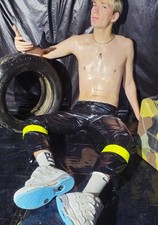 RODSPOT Glanznylon Pants BLACK yellow HI VIS Warnschutz Lack very shiny Nylon