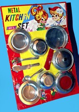 BLECH KINDER KOCHGESCHIRR OVP BLISTER PUPPENKÜCHE KITCHEN SET HONG KONG 1970er