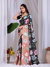 Women Black Floral Saree Satin