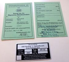 Simson SR 50 Datenblatt Betriebserlaubnis ABE und Typenschild