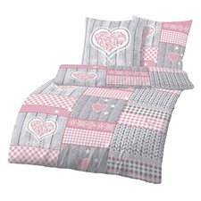 Biber-Bettwäsche - rosa-grau - 135x200 cm Bettbezug Bettwäschegarnitur