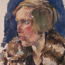 Frauenporträt im Pelzmantel Neue Sachlichkeit unsigniert Aquarell 1920er Jahre