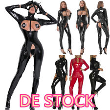 DE~Damen Catsuit Ganzkörper Lack Leder Wetlook Overall Langarm Bodysuit Clubwear