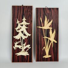Paar Wandbilder 60er Jahre Mid Century Holzoptik Wildtiere Motiv Flachrelief