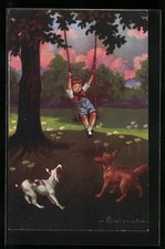 Künstler-AK E. Colombo: bellende Hunde und Bub auf Schaukel 