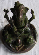 Bronze Ganesha schreibend mit Yoni-Lingam,Ratte,Mango und Pooja (Ehrerweisung),