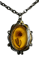 62 cm  Kette mit Anhänger Glas BLÜTE INLAY ModeSchmuck silber bernstein NEU +TOP