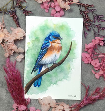 Lazulifink Vogel in Aquarell A6 Original, Vogel Kunst, Tier Bilder, Landschaft