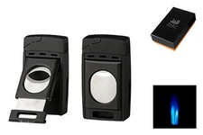 Premium Feuerzeug 2xJet Schwarz mit Cutter, Ring 58