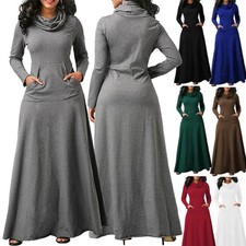 Damen Lässiges Maxikleid – Hochgeschlossen Langarm Pullover Kleider Neu Hot