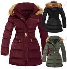 NEU Größe 8 10 12 14 16 WATTIERTER DAMENPARKA MANTEL Damen JACKE Fell Puffer schwarz