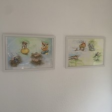 Aquarell Tiere, Original Märchenbuchvorlage, Gerahmt, A3, 2 Stück