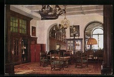 Augsburg, Sitzecke in der Halle des Hotels Drei Mohren, Ansichtskarte 