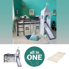 Hochbett 90x200 Kinderbett mit Rutsche Lattenrost Turm Grau Vorhang Homestyle4u