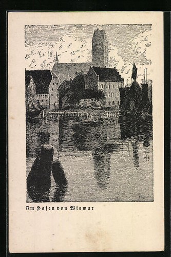 Künstler wismar im hafen - künstler-ak, wismar,