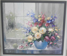 Stanisic Blumen Obst Stillleben am Fenster.Signiert.Top Galerie Rahmung 85x75 cm