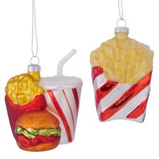 2 STK Glas Weihnachtshänger BURGER POMMES Fast Food Kugeln Hänger Weihnachtsbaum