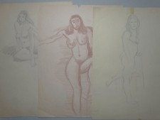 Weibliche Akte - Körperstudien Frauen - 3 Zeichnungen Bleistift Rötel - 1955