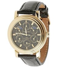 Designer Herrennuhr vergoldet mit Lederarmband Quartzuhrwerk Kristalle X156