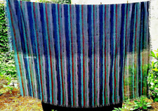 Großes blaugestreiftes Tuch_Fransen ringsum_türkis grün braun grau_Decke Gardine