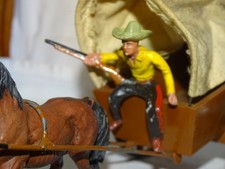 Alte Elastolin Figuren -  1 achsiger Planenwagen - MARKE KUPFER - mt Cowboy