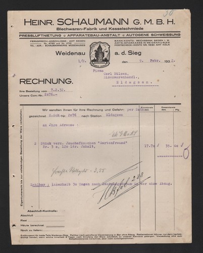 Weidenau rechnung 1932 - weidenau,,