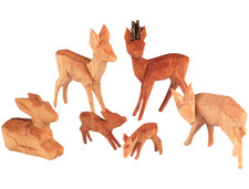 ❀ Rehe Gruppe Kitz geschnitzt Reh Bock Krippenfiguren Hirsch Miniaturen Holz 20C
