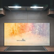 Küchenrückwand Spritzschutz Glas 100x50 Aquarell Fischer Boot Angel Landschaft