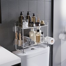 No-Drill Badezimmer-Regal, 2-stufiges Über-Toilette-Regal mit Haken, Silber