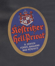Etikett "Köstritzer-Hell-Privat-R. Zersch Fürstliche Brauerei Bad Köstritz"