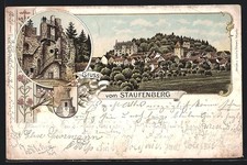 Lithographie Staufenberg / Lollar, Ort und Burgruine 1899 